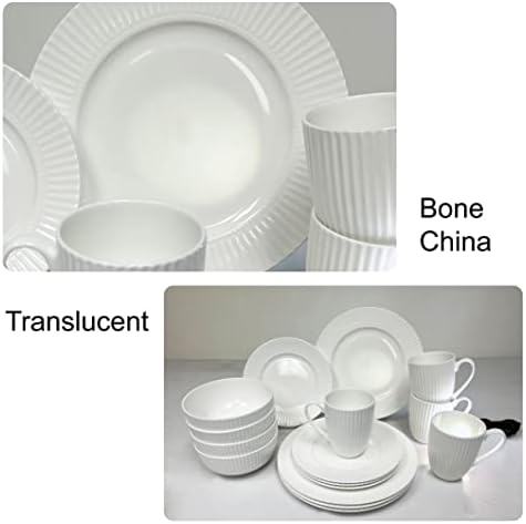 Dinnerware, 16 Piece Set Bone China, Service for 4, White Embossed stripe Dishes, Microwave Safe, Chip Resistant, Dishware, For Formal Casual and Everyday Living, Plates and Bowls Set - Image 5