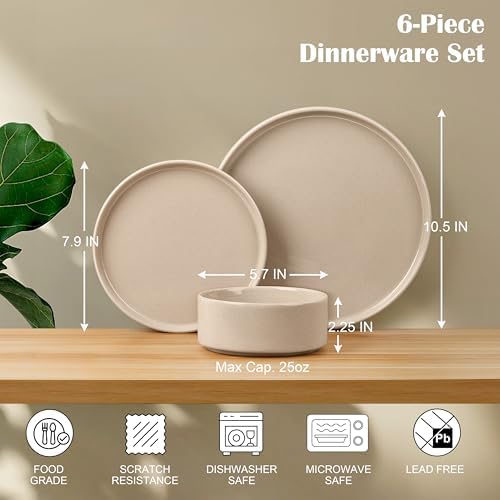 E-far 6-Piece Stoneware Dinnerware Sets, Plates and Bowls Set for 2, Khaki - Image 2