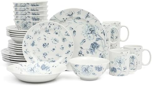 Martha Stewart Empress Bouquet 30 Piece Decorated Porcelain Chip and Scratch Resistant Dinnerware Plates and Bowls Set - Blue Floral by MarthaStewart