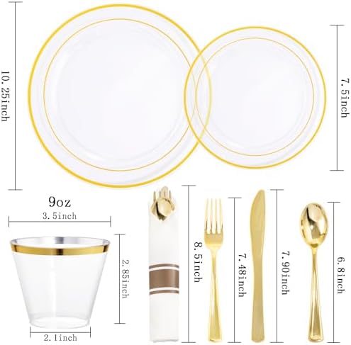 WELLIFE 210PCS Clear-Gold Plastic Plates - Dinnerware Sets for 30 Guests - 60 Disposable Plates, 90 Plastic Silverware, 30 Cups, 30 Napkins for Party - Image 2