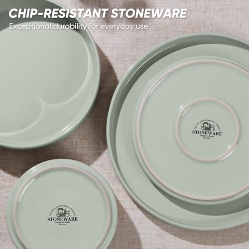 E-far 8-Piece Stoneware Dinnerware Sets with Pasta Bowls, Green - Image 6