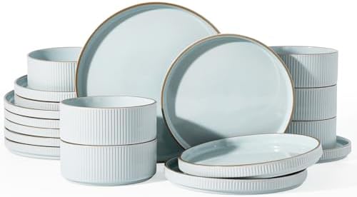 Famiware Stoneware Dishes Dinnerware Sets for 6, Plates and Bowls with Trim by Famiware