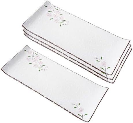 12" Rectangular Plates - Long Serving Trays for Sushi, Pasta, Chips, Appetizer, Cake - Ceramic Rectangle Platter for Party, Restaurant, Banquet (4Pack, Pink Sakura) by DealbyBox