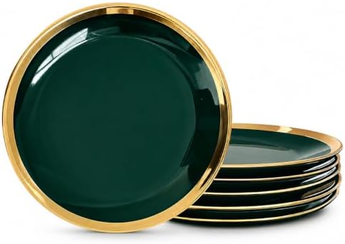 7.5-Inch Porcelain Salad Plates Set of 6, Green Gold Trim by Loymokinar