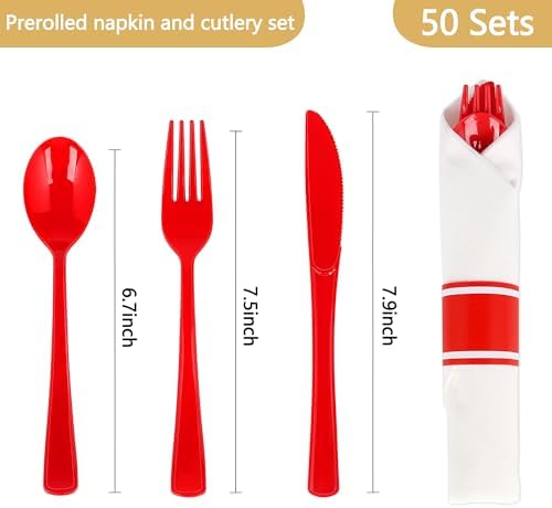 50 Pack Pre Rolled Red Plastic Silverware Set with Napkin - Image 2