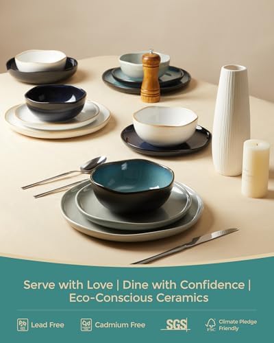 Pokini 10 Inch Ceramic Dinner Plates Set of 6, Wavy Rim Stoneware Plates - Image 7