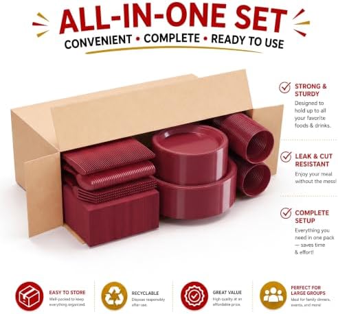 Exquisite 350 Pcs Burgundy Plastic Plates For Party, Burgundy Disposable Plates Set, 50 Of Each 9" Dinner Plate Set, 7" Dessert Plate, Cups, Napkins & Cutlery Plastic Dinnerware Set - Image 5