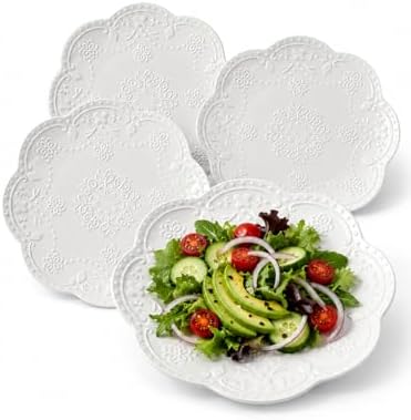 8 Inch Ceramic Salad Plates Set of 4, White Embossed Floral Butterfly Appetizer Plates with Scalloped Edge, Dessert Plates for Salad, Breakfast, Snacks, Microwave Oven Dishwasher Safe by SHIDACHENG
