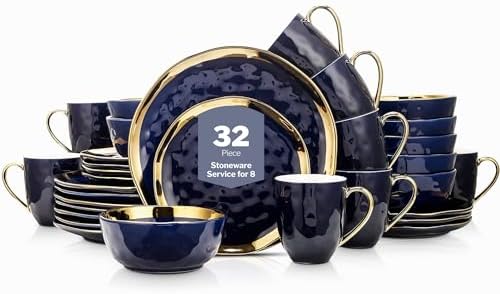 Stone Lain Florian Modern Porcelain Dish Set, 32-Piece Dishes for 8, Gold and Blue by Unknown