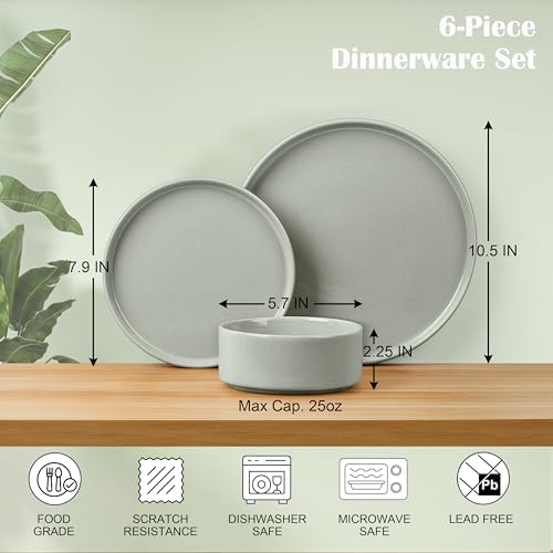 E-far 6-Piece Stoneware Dinnerware Sets, Plates and Bowls Set for 2, Green - Image 2