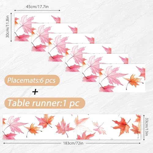 ANNA QUEEN Pink Autumn Maple Leaf Table Runner and Placemats Set of 6, 13"x72" Table Runner with 12"x18" Placemats, Elegant Fall Table Decor for Kitchen, Farmhouse, Seasonal Dining - Image 3