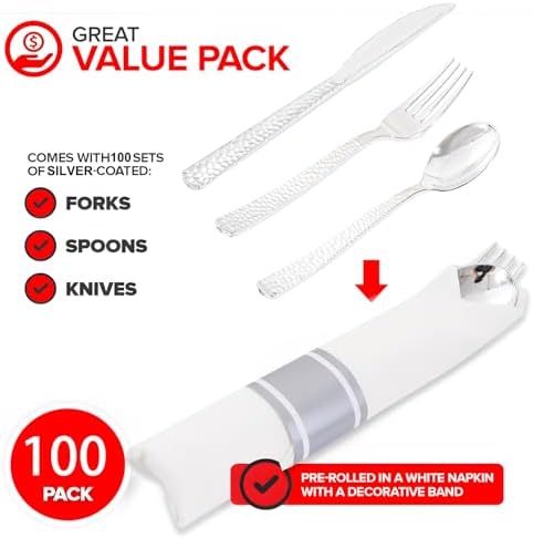 400PCS Silver Wrapped Silverware Set Disposable Hammered for Wedding - Image 2