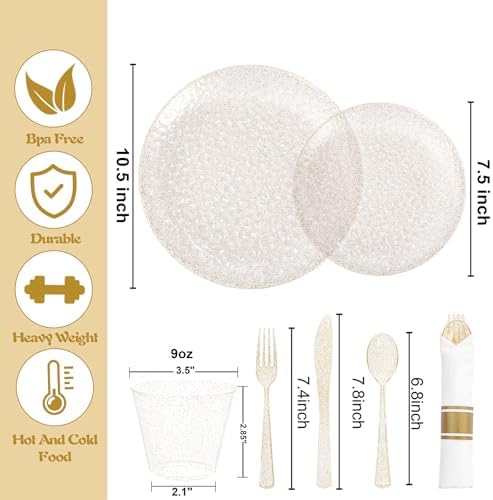 Rubtlamp 700Pcs Gold Glitter Plastic Dinnerware Set, Hammered Clear Plates, Fancy Plastic Plates Include 100 Dinner Platos, 100 Salad Platos, 100 Cups,100 Pack Pre Rolled Glitter plastic Silverware - Image 2