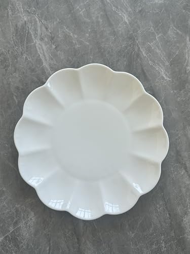 White Ceramic Salad Plates Set of 4, 8 Inch Flower Shaped Appetizer Plates, Embossed Small Plates for Salad,Cake,Snacks,Fruit,Tea Party, Microwave Oven Dishwasher Safe (WHITE, 8 IN) by SHIDACHENG