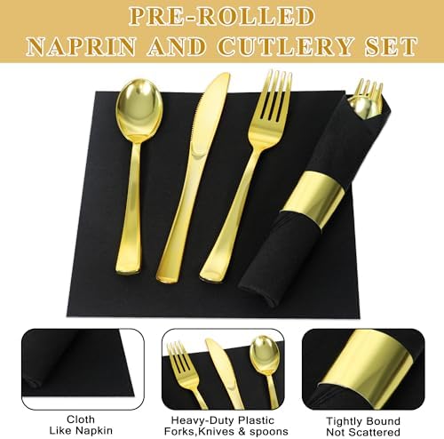 50 Pack Pre Rolled Gold Plastic Silverware Set with Napkins - Image 5