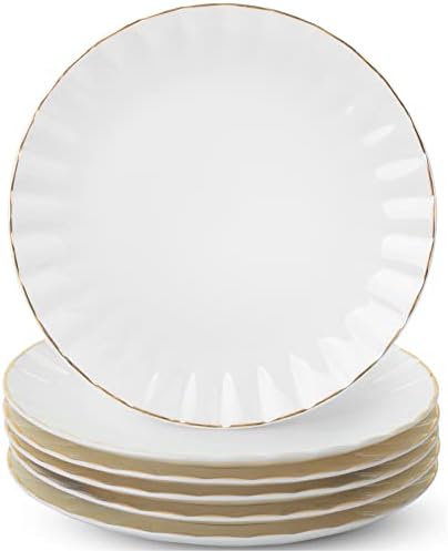 BTaT- White Dessert Plates, Set of 6, 8 inch, White Porcelain with Gold Trim, Small Plate, Small Appetizer Plates by BrewToATea
