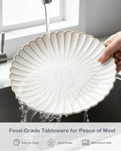 Large Ceramic 10.5 inch Dinner Plates, Set of 6, Microwave, Oven & Dishwasher Safe, Vintage Farmhouse Plates ,Kitchen Porcelain Serving Dishes ,Scratch Resistant, Housewarming Gift ( Petal, White ) - Image 5