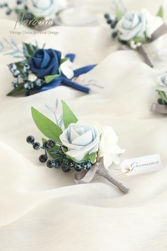 Floroom Set of 6 Powder Blue & Navy Blue Foam Rose Boutonnieres with Pins for Men Wedding for Groom Groomsmen Wedding Ceremonies Anniversaries Formal Dinners Parties Proms - Image 3