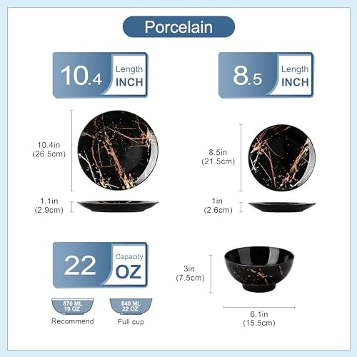 LOVECASA Plates and Bowls Sets for 4, 12 Pieces Porcelain Dinnerware Sets, Black and Gold Dish Set Gold Splash Dishware Sets, Dishwasher Microwave Safe - Image 2