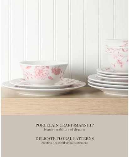 Martha Stewart Empress Bouquet 12-Piece Decorated Porcelain Chip and Scratch Resistant Dinnerware Plates and Bowls Set - Pink Floral - Image 4