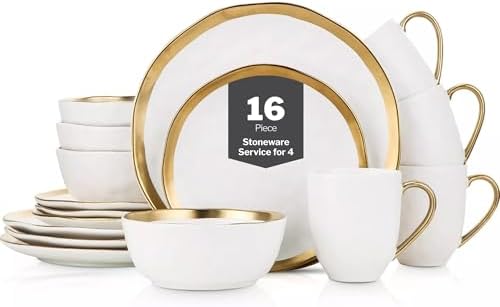 Stone Lain Modern Poreclain 16 Piece Dinnerware Set, Plates and Bowls Set, Dish set for 4, White And Golden Rim by Unknown