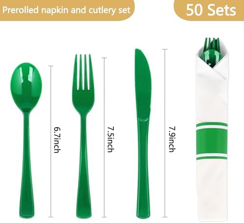 50 Pack Pre Rolled Green Plastic Silverware Set with Napkin - Image 2
