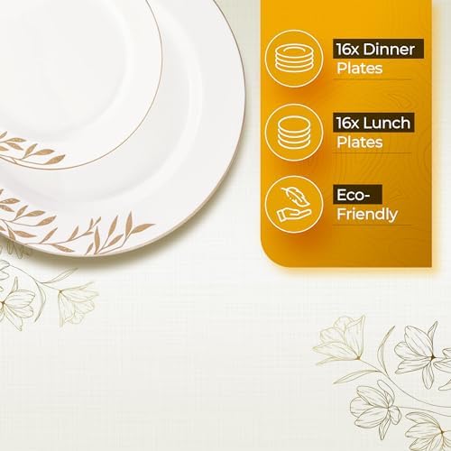 PLASTICPRO 128 Pack Elegant Disposable Plastic Plates Combo Set Includes 64 Dinner Plates and 64 Salad Plates Heavy Duty Fancy Party Plates White & Gold Flower Design - Image 4