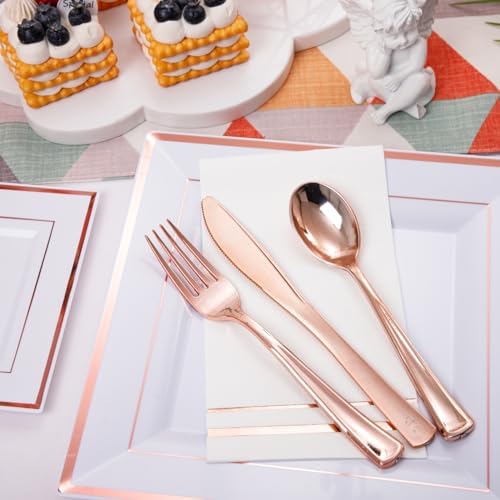 Festiva 350Pcs Rose Gold Plates and Napkins Party Supplies-Square White and Rose Gold Disposable Dinnerware include Plates Cups Cutlery Napkins for 50 Guests Wedding &Mother's Day&Birthday Party - Image 3