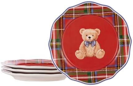 Bico Blue Ribbon Teddy Bear Scalloped Salad Plates Set of 4, 8.75 Inch Ceramic Dessert Plates for Salad, Appetizer, Side Dishes, Microwave and Dishwasher Safe, Gift for Housewarming and Christmas by Bico