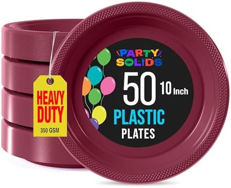 Party Solids Sturdy Burgundy Plastic Plates 10" Party Plates 50 Pcs by Exquisite