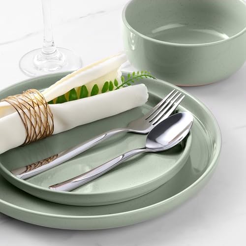 LIANYU Porcelain Dinnerware Set for 2, 6 PCS Stoneware Dinner Plates and Bowls, Ceramic Dining Dishes Set for Dessert Salad Pasta, Microwave & Dishwasher Safe, Fog Green - Image 7
