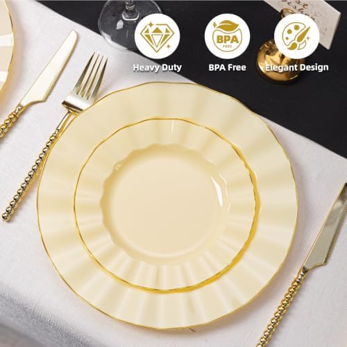 120PCS Yellow Plastic Plates, Wavy Plates with Gold Rim - Image 2