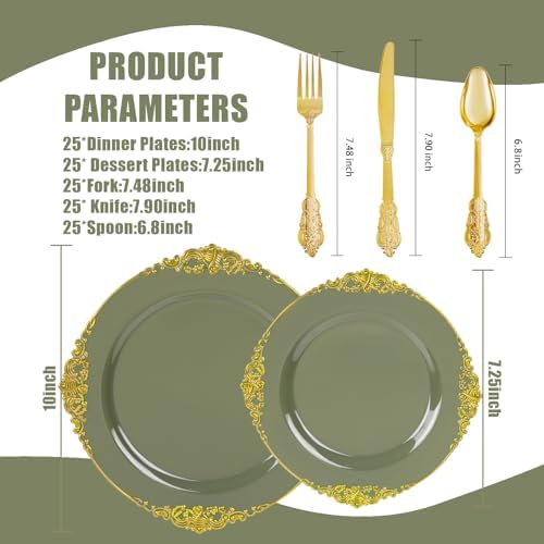125PCS Sage Green and Gold Plastic Plates for Wedding and Party - Image 6