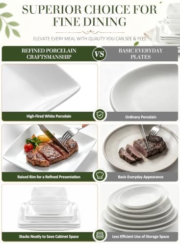 Porcelain Square Dinner Plates, 10.75 & 8.4 Inch White Plate Set of 8 - Image 6
