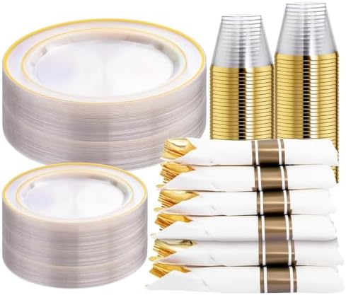 WELLIFE 210PCS Clear-Gold Plastic Plates - Dinnerware Sets for 30 Guests - 60 Disposable Plates, 90 Plastic Silverware, 30 Cups, 30 Napkins for Party by WELLIFE