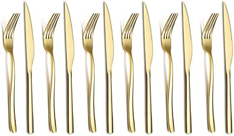 Gold Steak Knives Set 12 Piece, Premium Stainless Steel 6 Dinner Forks and 6 Dinner Knives Set, Steak Knives Steak Forks for 6 Person, Dishwasher Safe (Shiny Gold) by HOMQUEN