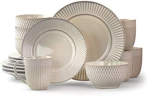 Elama Market Finds 16 Piece Round Stoneware Dinnerware Set in Embossed White by Elama