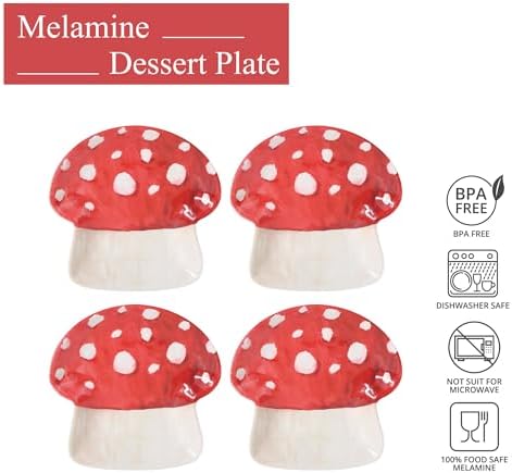 UP Mushroom Shaped Melamine Dessert Plates, Small Serving Plates, for Appetizer, Snacks, and Side Dishes, Red, 6 Inch, Set of 4 - Image 3