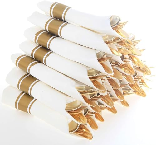 Supernal 30 Pack Pre Rolled Gold Plastic Silverware, Linen Feel Napkins by supernal