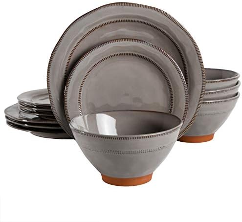 Gibson Elite Terranea Round Reactive Glaze Terra Cotta Dinnerware Set, Service for Four (12pcs), Grey by GibsonHomewares