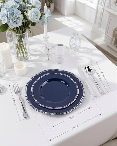 Hioasis 175 Pcs Blue Silver Plastic Plates Wedding & Party - Image 2