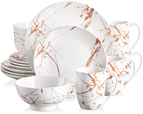 LOVECASA White Dinnerware Sets for 4, 16 Piece Porcelain Dish Set Plates and Bowls Sets, Gold Splash Glaze Ceramic Dinner Set with Mugs, Dishwasher Microwave Safe by LOVECASA