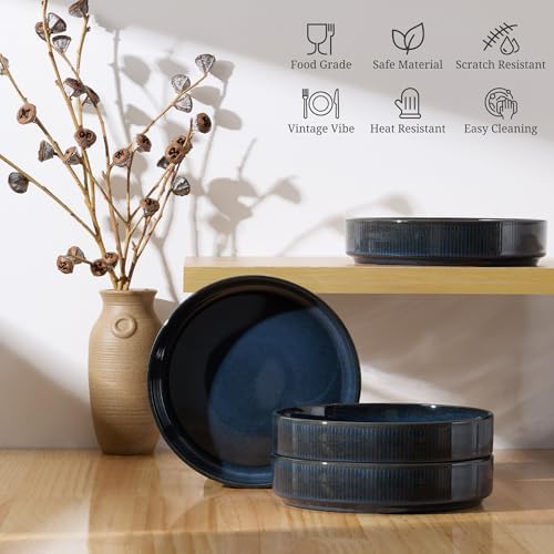 E-far Pasta Bowls Set of 4, 35oz Large Salad Bowl Plate for Dinner Serving, Wide & Shallow Ceramic Stoneware Pasta Plates, Microwave & Dishwasher Safe, Reactive Glaze Textured Stripes, Dark Blue - Image 6