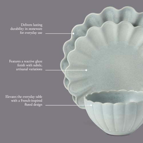 Gibson Elite Bistro Fleur Plates and Bowls Sets, 12-Piece Stoneware Dinnerware Set for 4, Sage Blue Scalloped Dish Set with Dinner Plates, Salad Plates & Bowls - Image 3