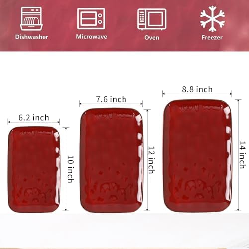 vicrays Ceramic Rectangle Serving Platters - 14" 12" 10" Porcelain Serving Trays Plates for Party BBQ Appetizers Sushi Dessert - Microwave Oven and Dishwasher Safe - Set of 3 -Cherry Red - Image 3