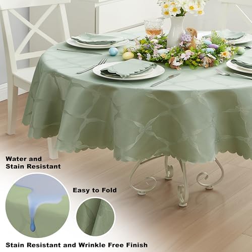 Newbridge Ribbons and Bows Damask Fabric Tablecloth, Sage Green, 60 x 102 Inch Oval, Wrinkle & Stain Resistant Table Cover - Image 3