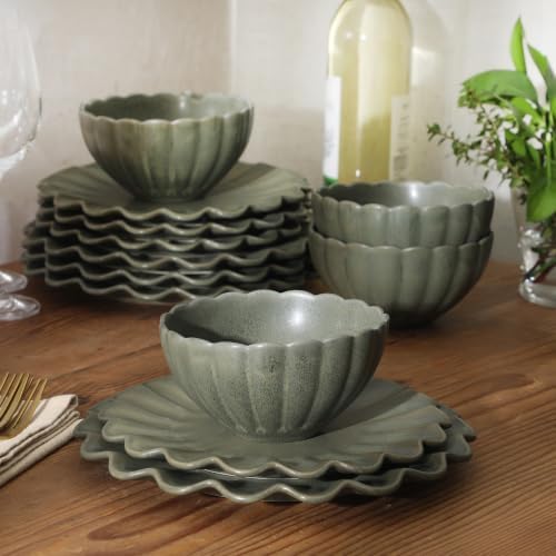 Gibson Elite Bistro Fleur Plates and Bowls Sets, 12-Piece Stoneware Dinnerware Set for 4, Matte Green Scalloped Dish Set with Dinner Plates, Salad Plates & Bowls - Image 5