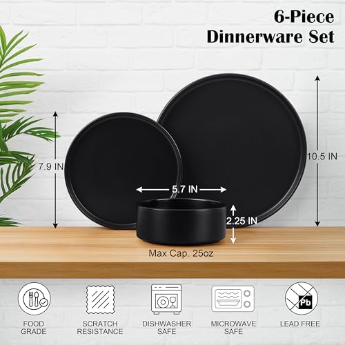 E-far 6-Piece Stoneware Dinnerware Sets, Black Plates and Bowls Set for 2 - Image 2