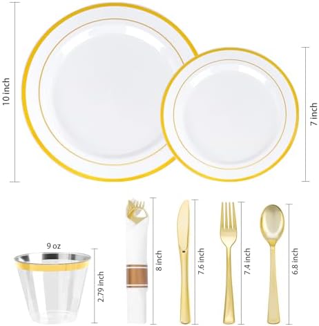 175 PCS White and Gold Plastic Dinnerware Set for 25 Guests, 50 Disposable Plates for Party, 25 Pre Rolled Napkins with Gold Silverware, 25 Cups - Image 3