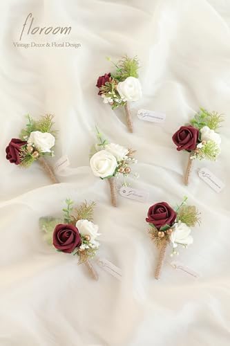 Floroom Set of 6 Burgundy & Ivory Foam Rose Boutonnieres with Pins for Men Wedding for Groom Groomsmen Wedding Ceremonies Anniversaries Formal Dinners Parties Proms - Image 2